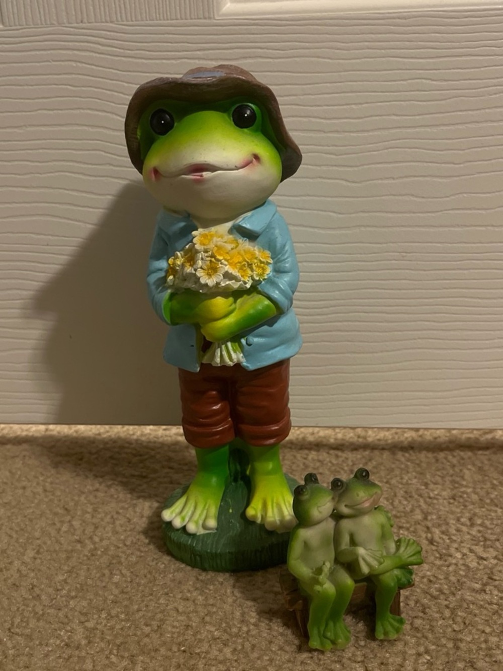 Source Unknown Green Frog Figurine with Blue Jacket and Brown Hat